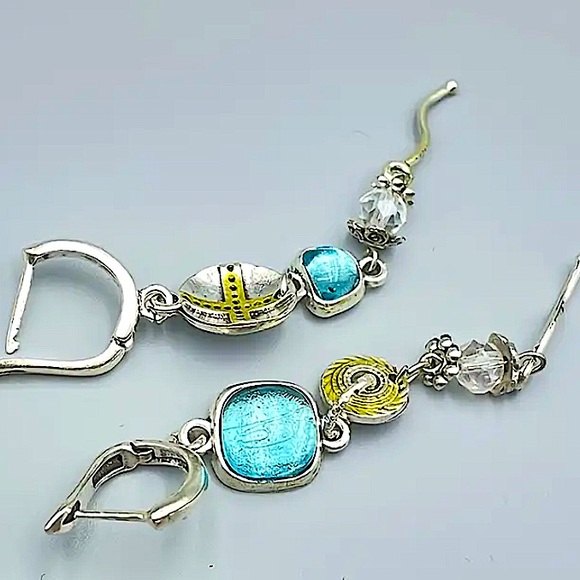 Antique Silver Flower Star Zircon Geometric Dangle Handmade Unique Earri… - Picture 2 of 4